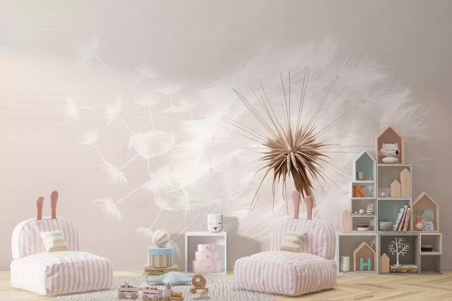 Wall Mural Photo Wallpaper Modern soft floral composition with a fully bloomed dandelion head and floating seeds, set against a delicate textile-like texture w03939