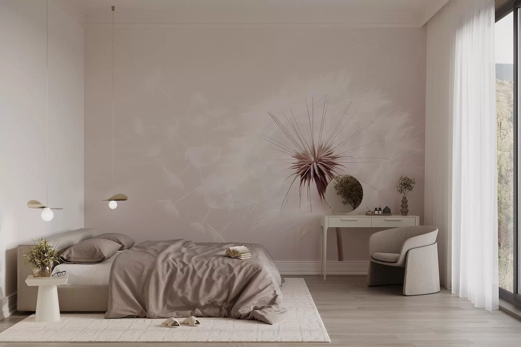 Wall Mural Photo Wallpaper Modern soft floral composition with a fully bloomed dandelion head and floating seeds, set against a delicate textile-like texture w03939v2