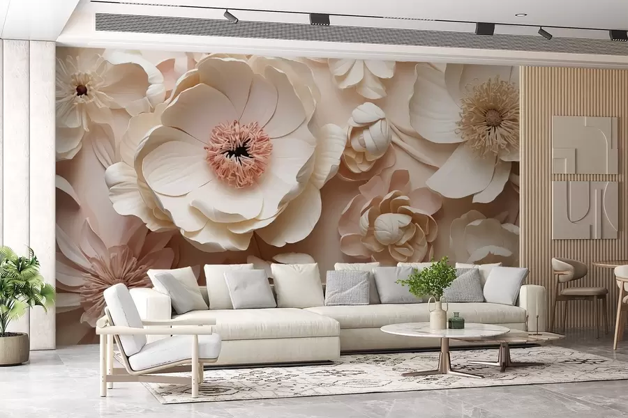 wall murals Volumetric floral composition with delicate paper-like or textile-inspired petals in ivory, vanilla, and blush tones, set against a warm beige canvas. w03945