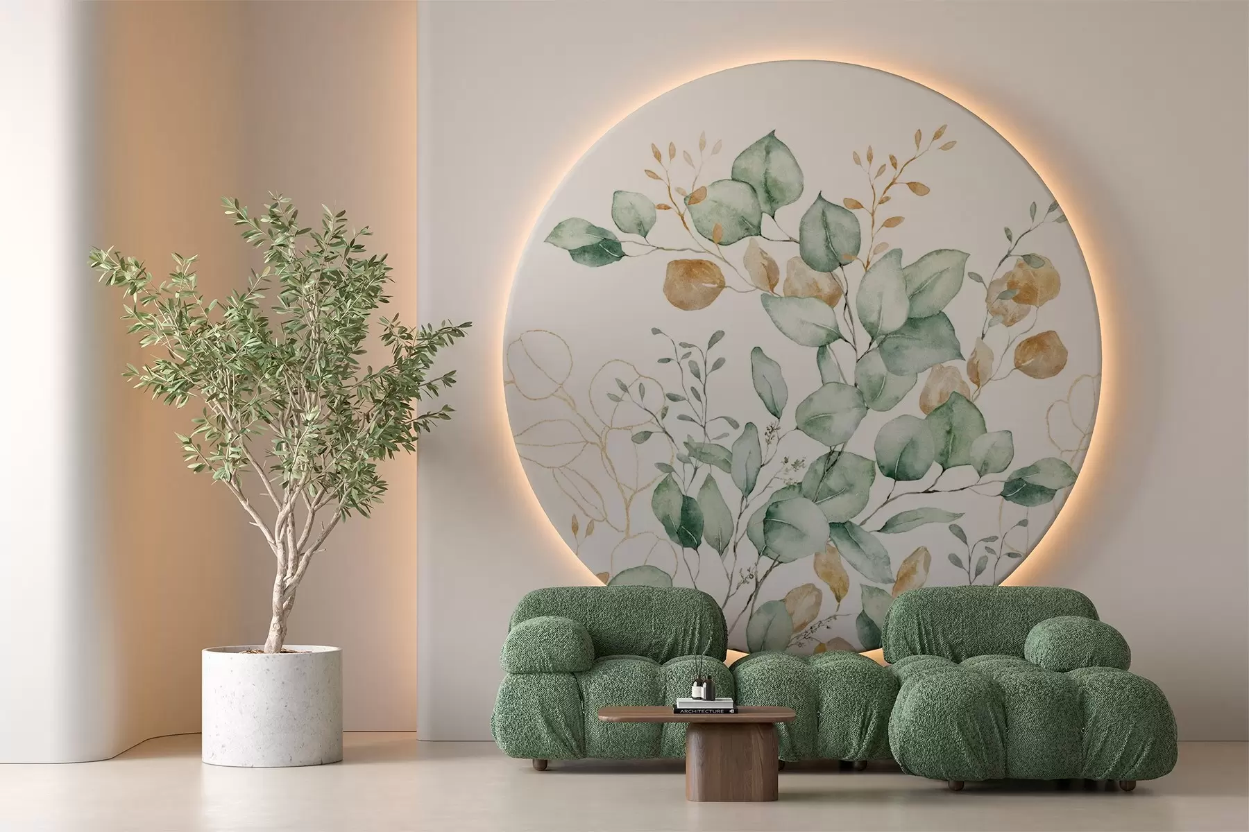 wall murals Vegetation and branches imitation of textured watercolor, shades of green and yellow w03927