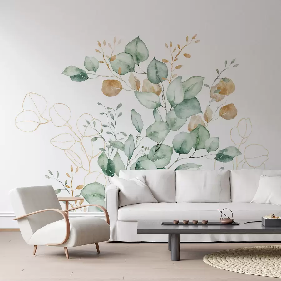 Wall Mural Photo Wallpaper Vegetation and branches imitation of textured watercolor, shades of green and yellow w03927