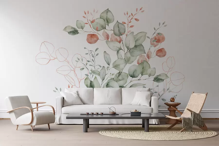 wall murals Vegetation and branches imitation of textured watercolor, shades of green and red w03927v1