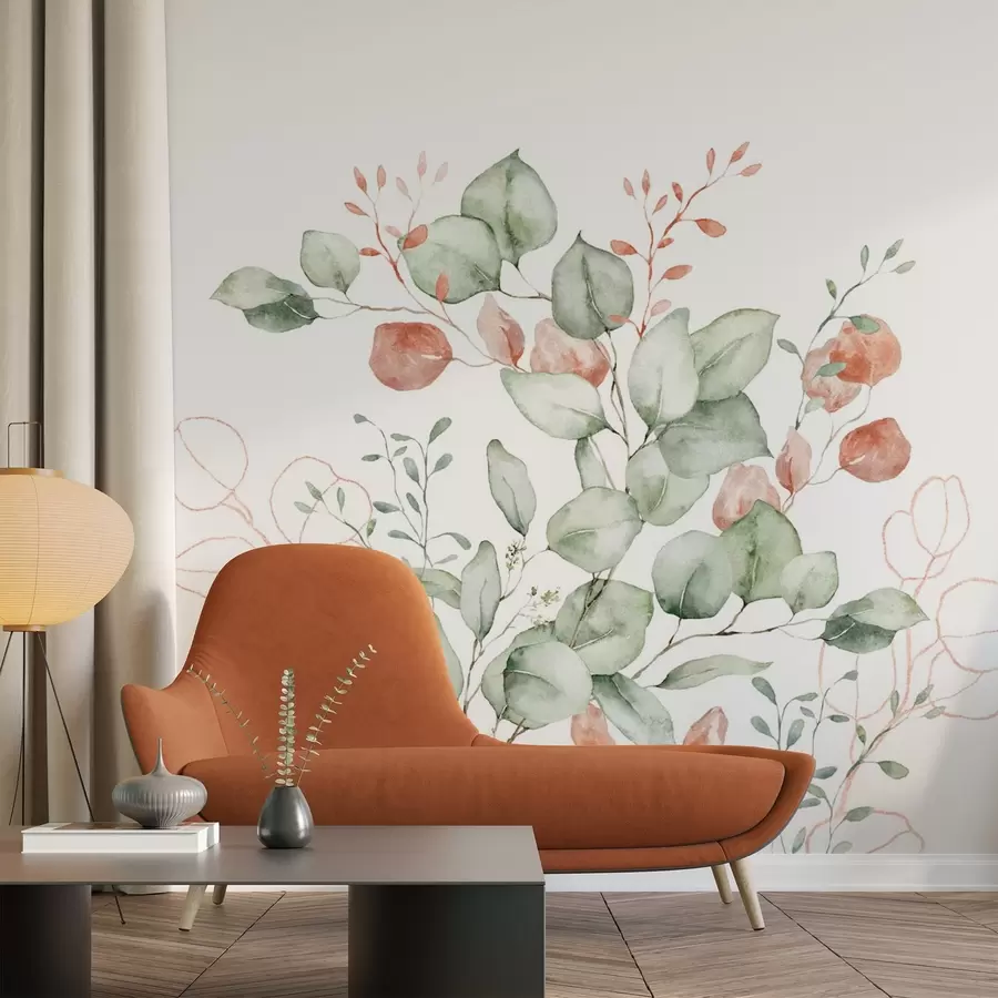 Wall Mural Photo Wallpaper Vegetation and branches imitation of textured watercolor, shades of green and red w03927v1