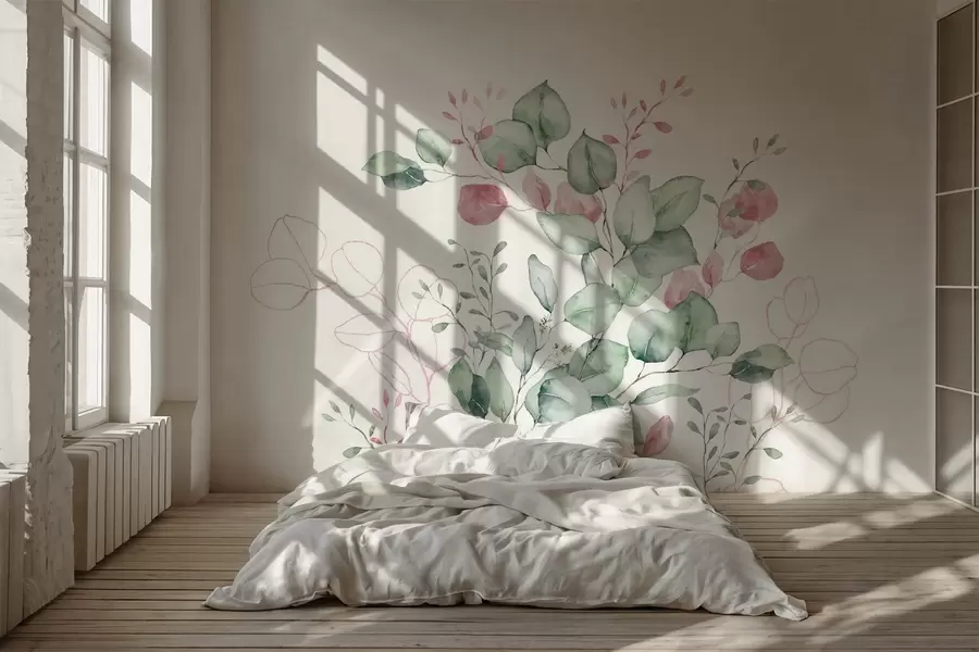 wall murals Vegetation and branches imitation of textured watercolor, shades of green and pink w03927v2