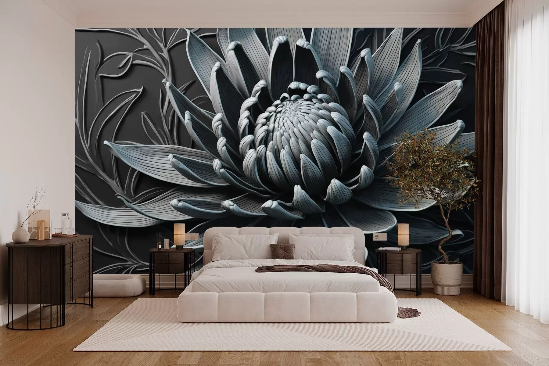 wall murals Protea flower, blue and black color w03930v2