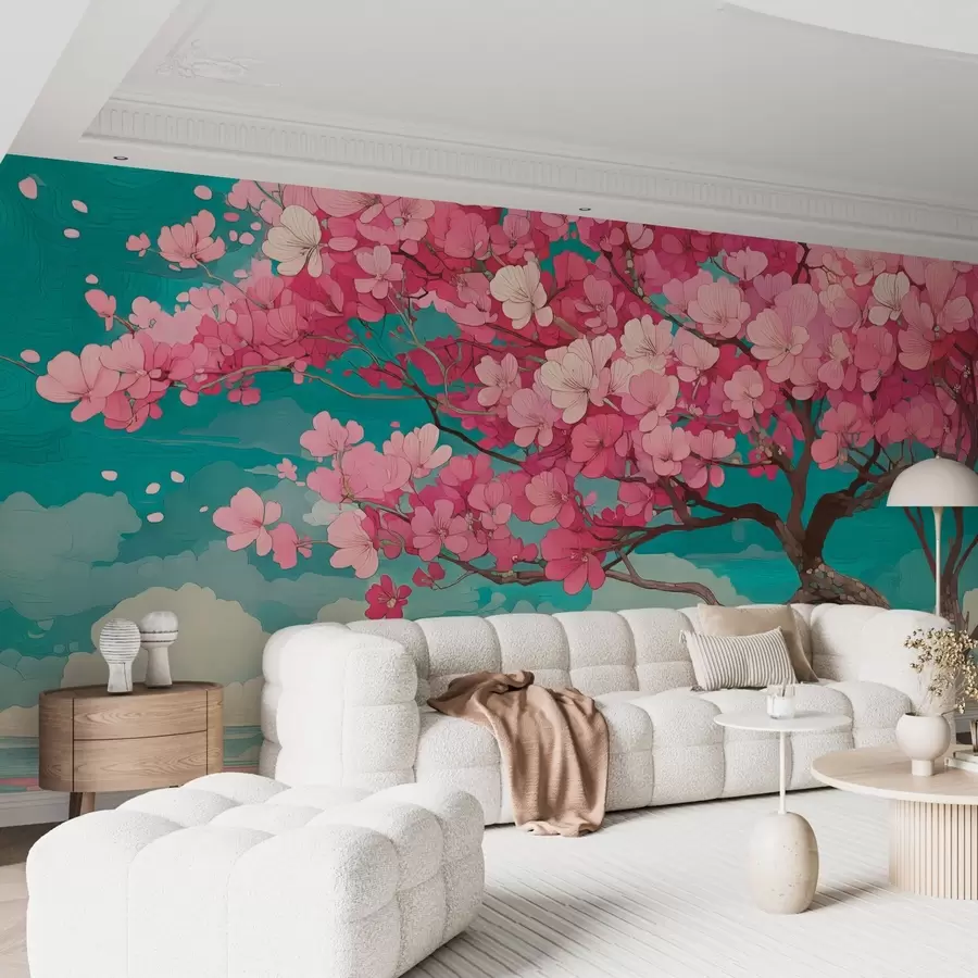 murales Un cerezo rosa en flor con pétalos que caen y un cielo azul de estilo romántico w09120