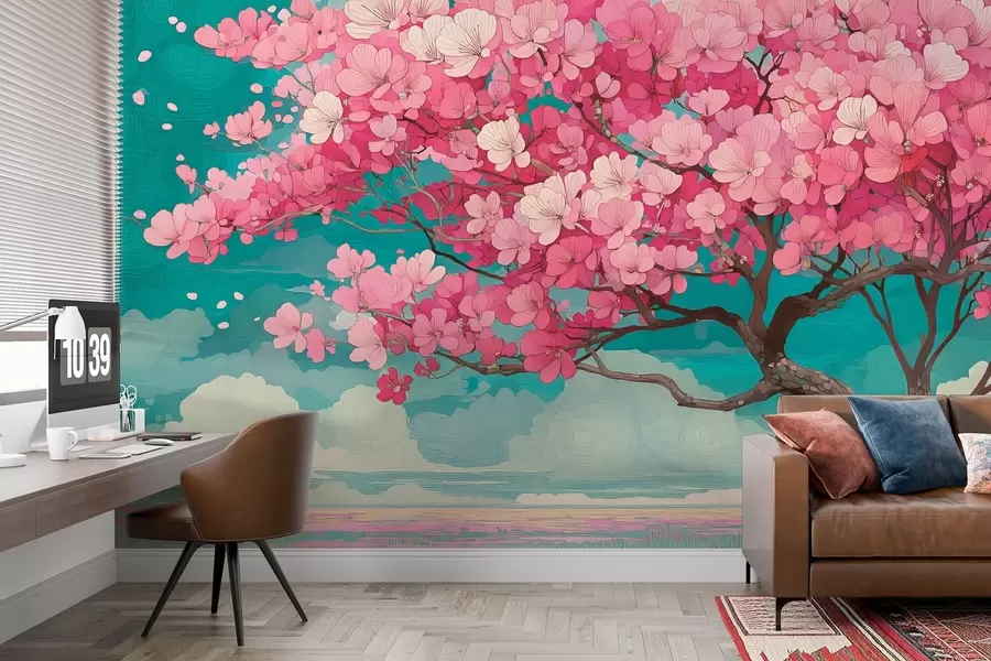 Wall Mural Photo Wallpaper A pink cherry blossom tree with falling petals and a blue sky in a romantic style w09120