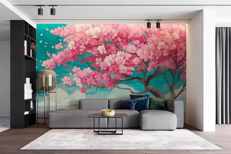 murales Un cerezo rosa en flor con pétalos que caen y un cielo azul de estilo romántico w09120