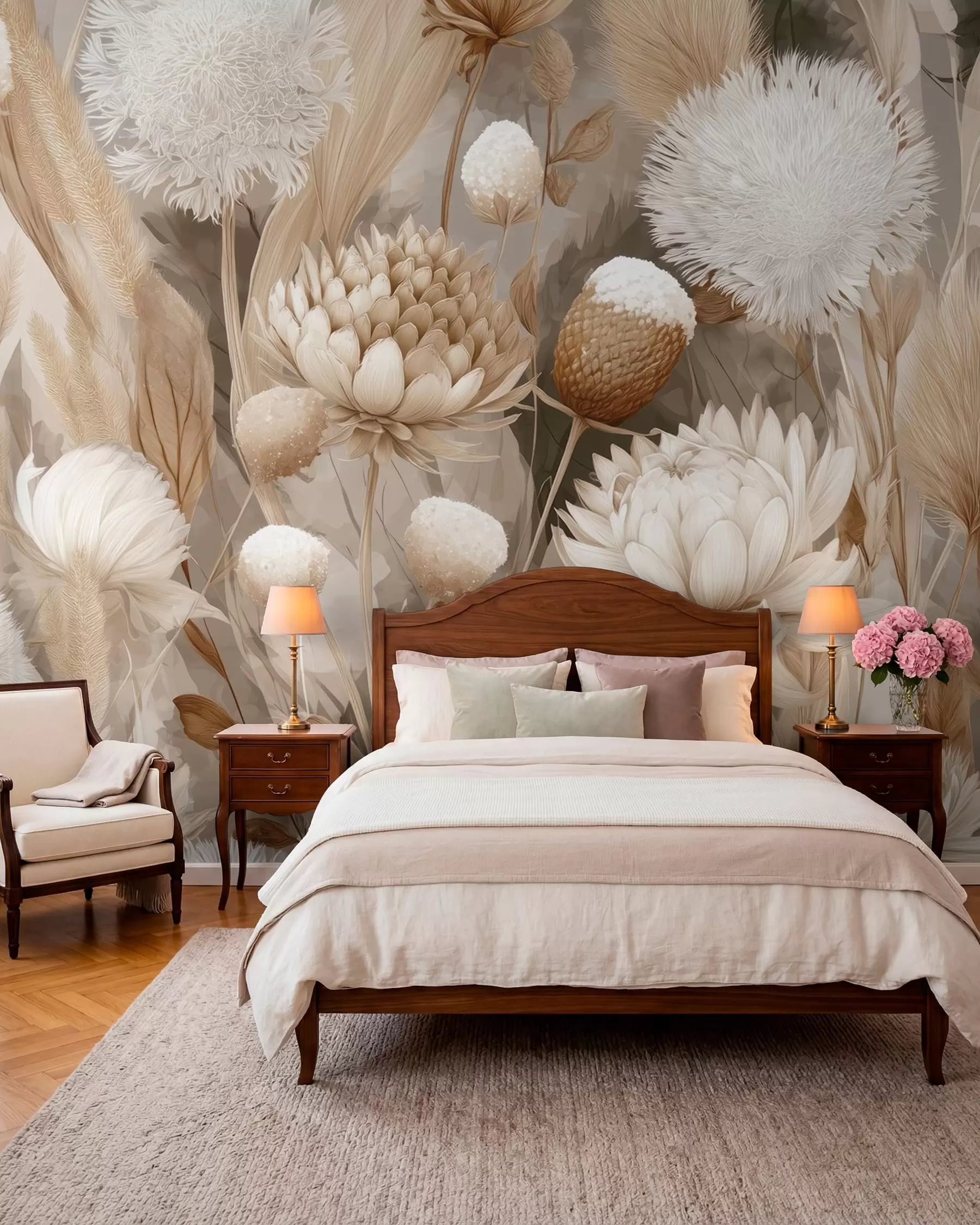 wall murals Boho Harmony: Textured flowers in beige and cream tones w09121