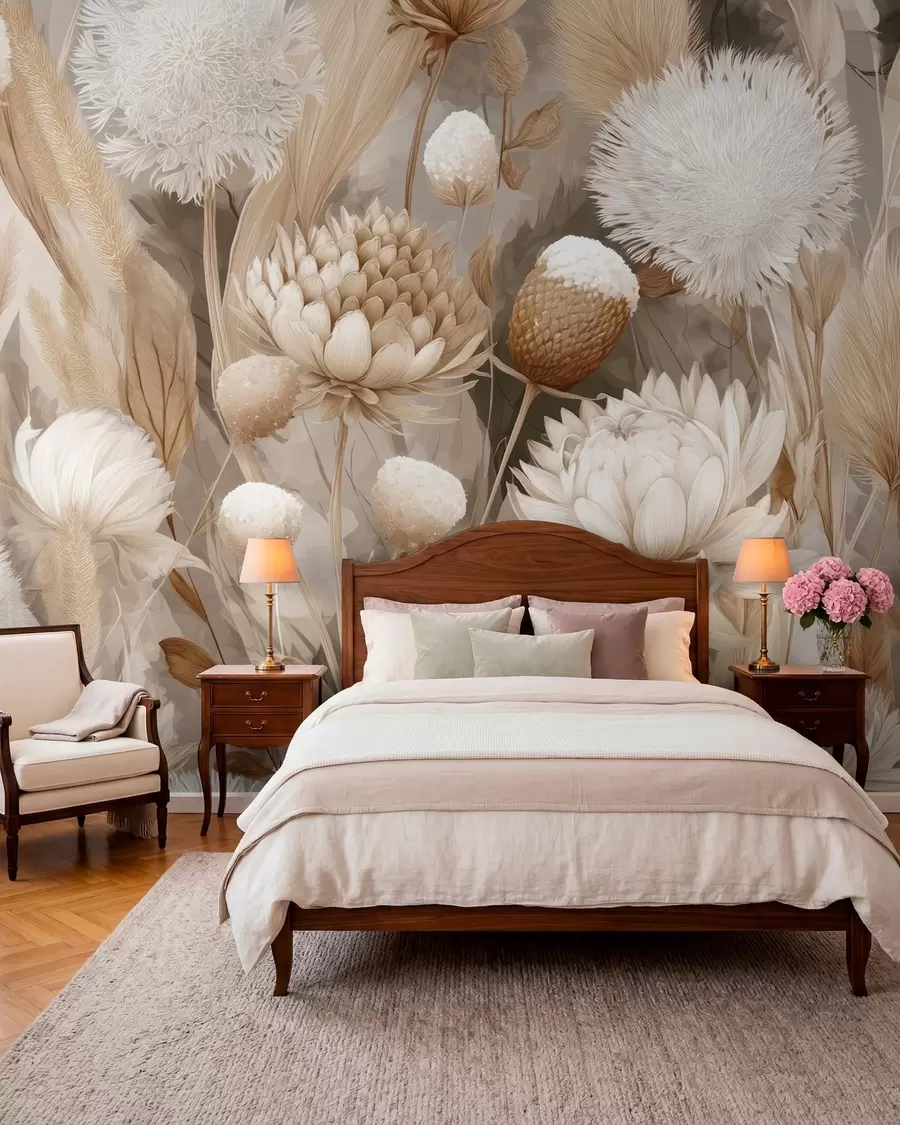 wall murals Boho Harmony: Textured flowers in beige and cream tones w09121