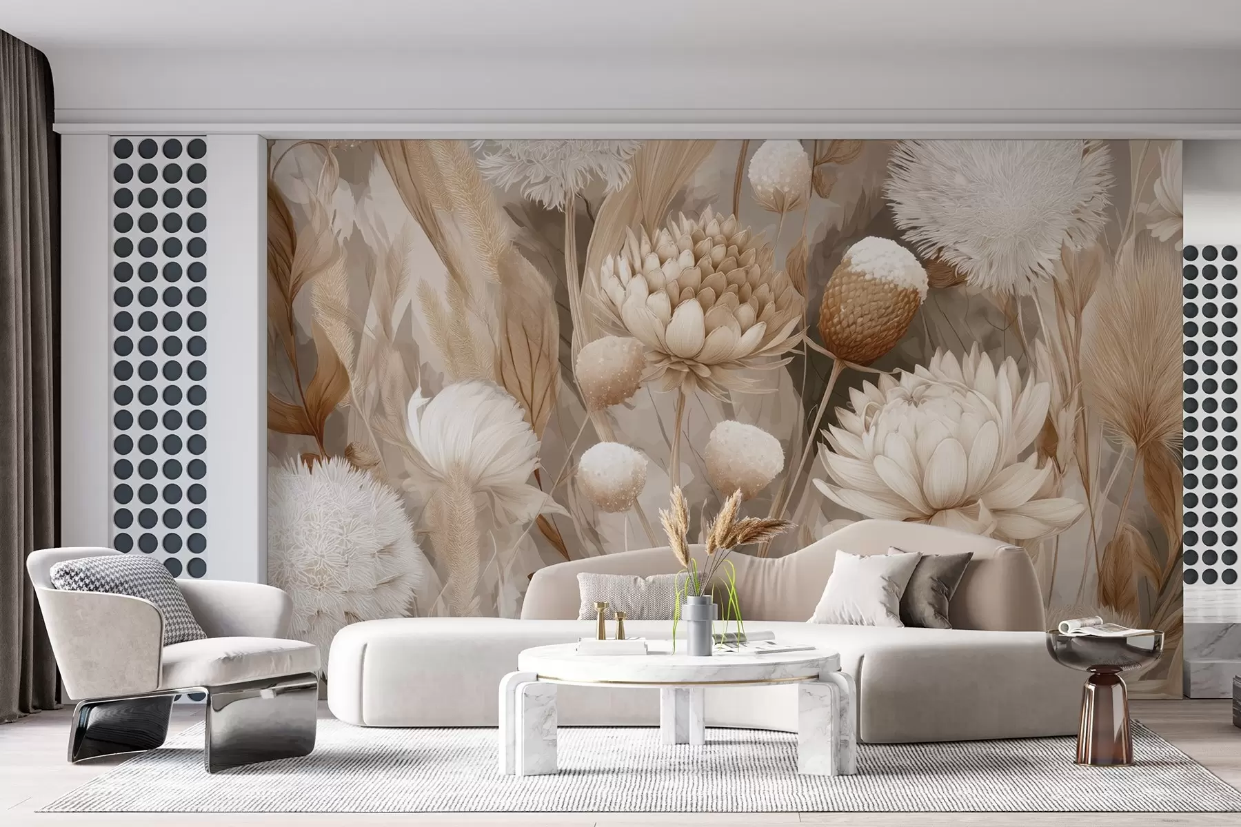 wall murals Boho Harmony: Textured flowers in beige and cream tones w09121