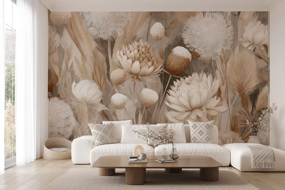 Wall Mural Photo Wallpaper Boho Harmony: Textured flowers in beige and cream tones w09121