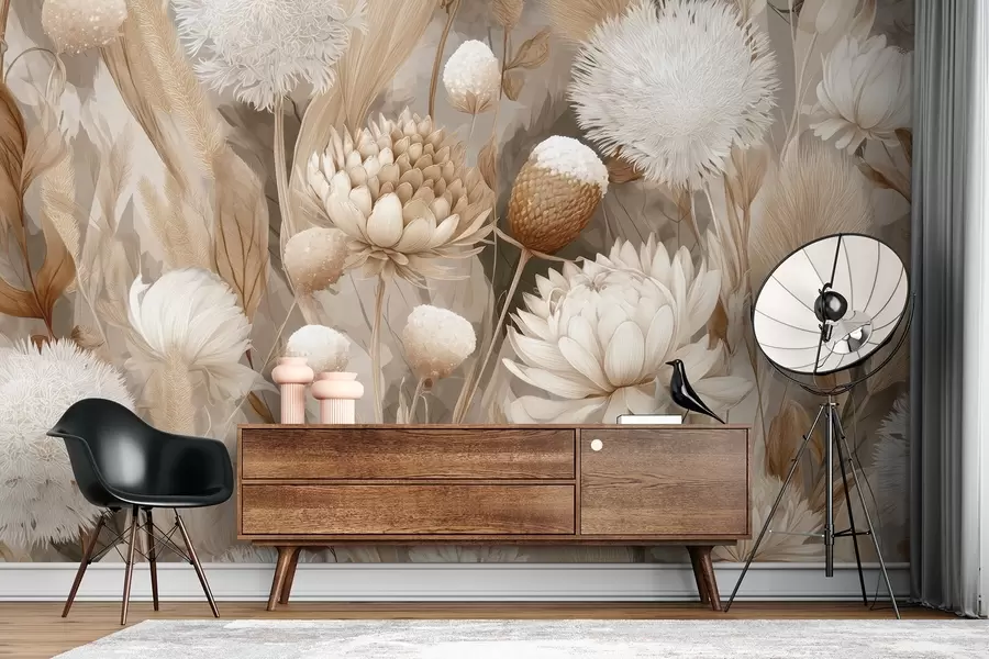murales Armonía boho: Flores texturizadas en tonos beige y crema w09121