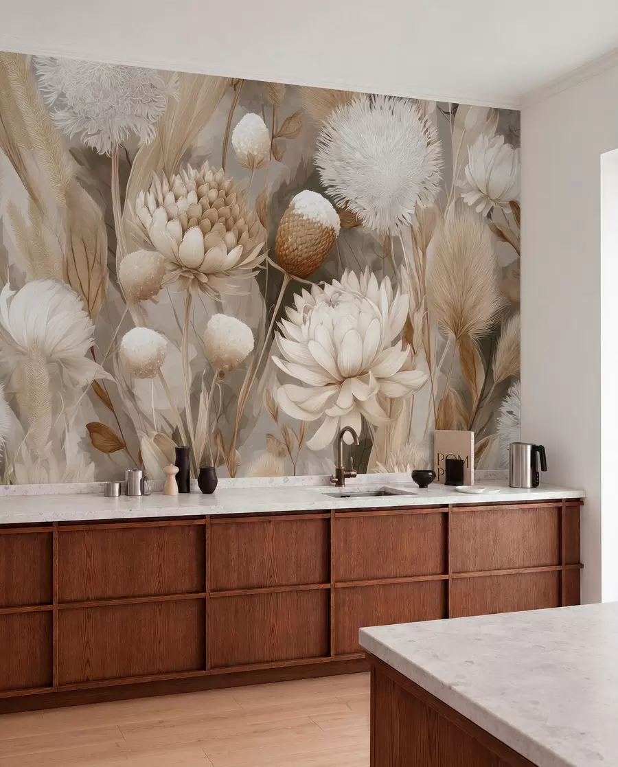peintures murales Harmonie bohème : Fleurs texturées dans les tons beige et crème w09121