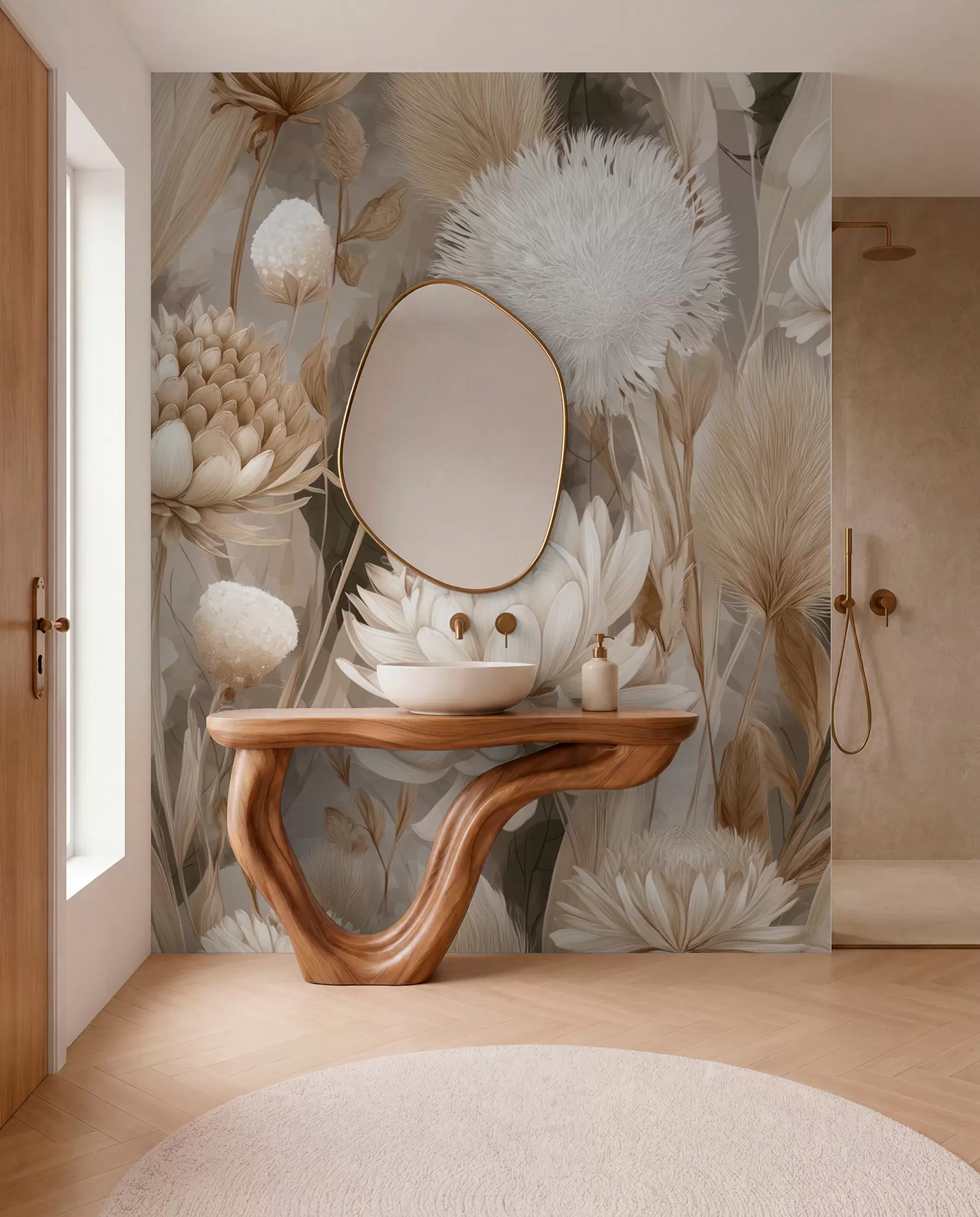 wall murals Boho Harmony: Textured flowers in beige and cream tones w09121