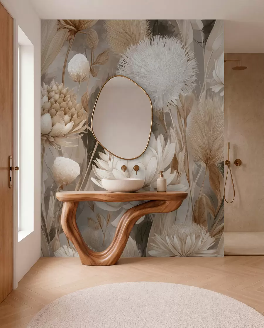 wall murals Boho Harmony: Textured flowers in beige and cream tones w09121