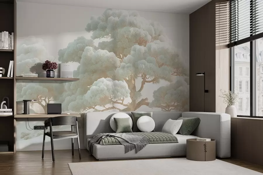 Wall Mural Photo Wallpaper Pine trees in the mist in soft tones standing in a forest w09122