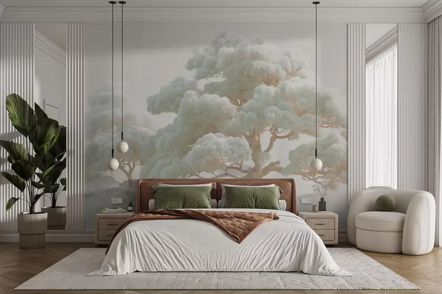 Wall Mural Photo Wallpaper Pine trees in the mist in soft tones standing in a forest w09122