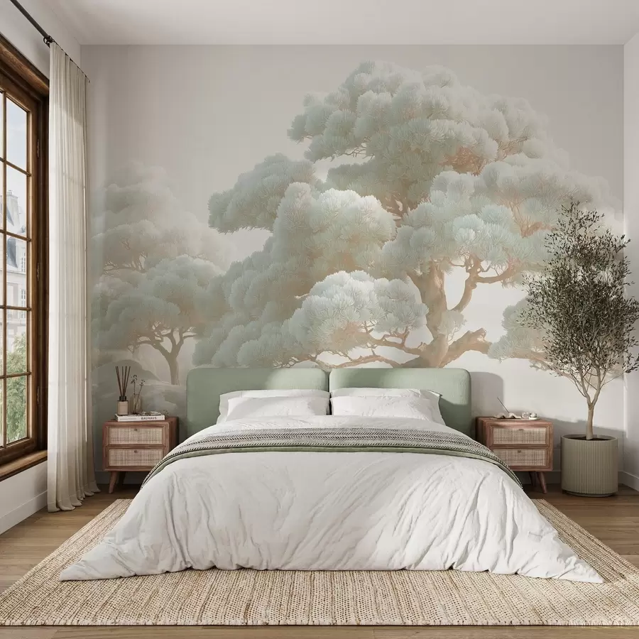 peintures murales Pin dans la brume en tons doux, debout dans une forêt w09122