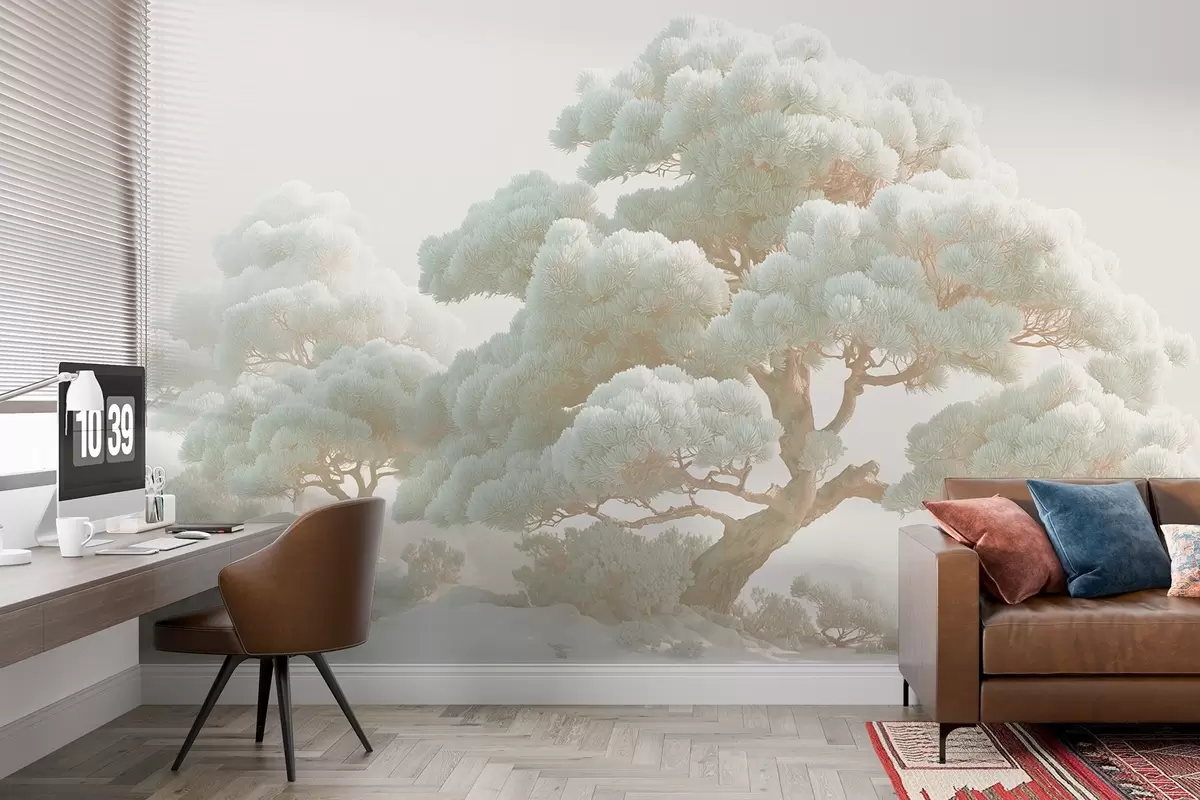 Wall Mural Photo Wallpaper Pine trees in the mist in soft tones standing in a forest w09122