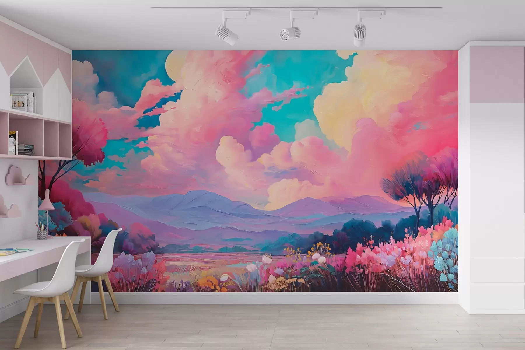 Wall Mural Photo Wallpaper Colorful landscape in oil painting style with a pink sky, plants, and trees w09123