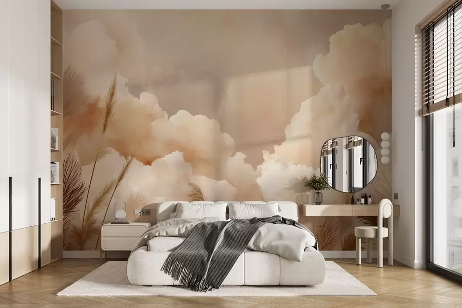Wall Mural Photo Wallpaper Beige sky with warm clouds and pampas grass w09124