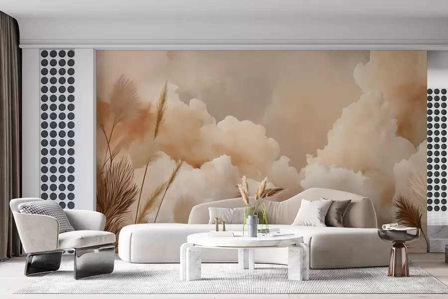 peintures murales Ciel beige avec nuages chauds et herbe de la pampa w09124