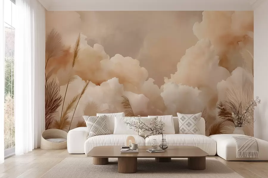 peintures murales Ciel beige avec nuages chauds et herbe de la pampa w09124