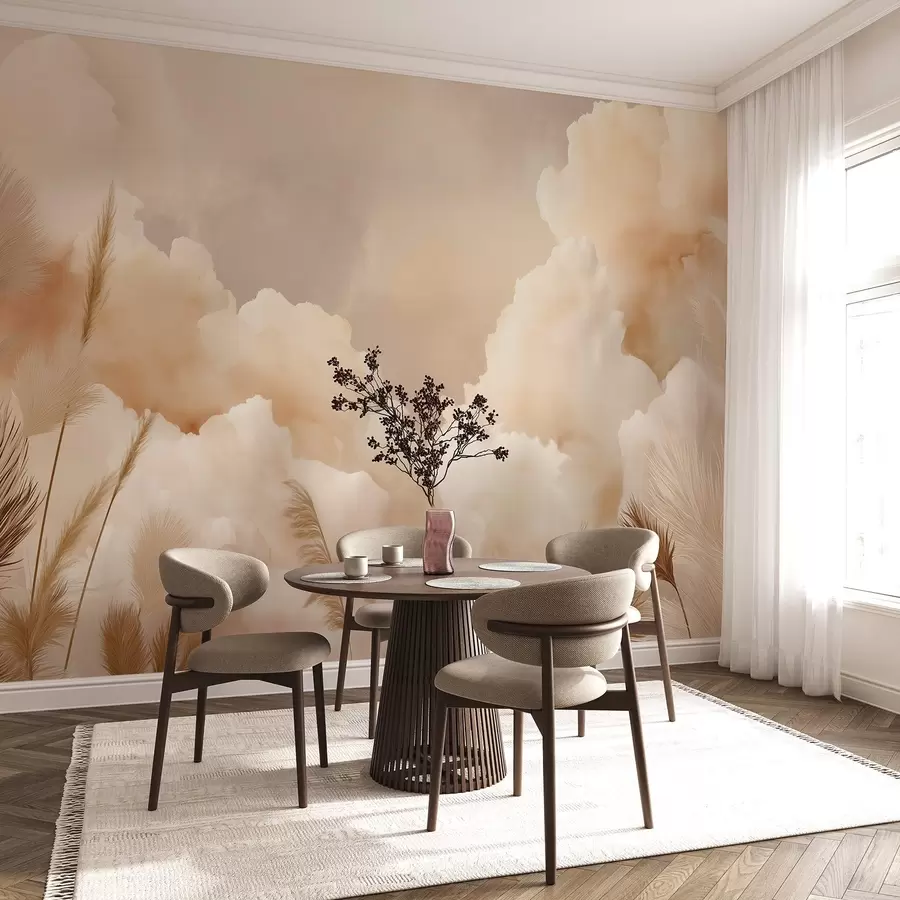 peintures murales Ciel beige avec nuages chauds et herbe de la pampa w09124