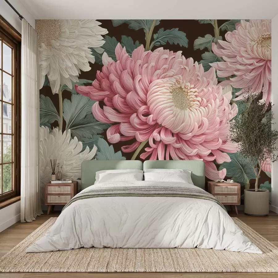 murales Grandes orquídeas rosas y blancas con hojas sobre fondo oscuro w09125