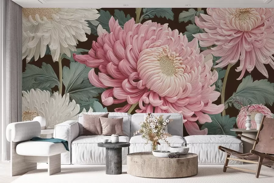 wall murals Pink and white large orchids with leaves on a dark background w09125