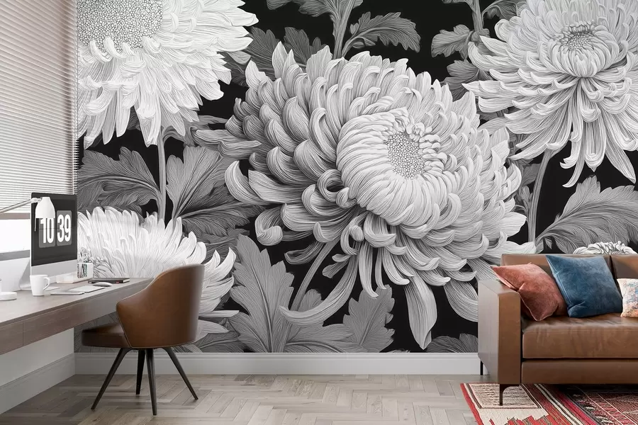 wall murals Black and white large orchids with leaves w09125v1