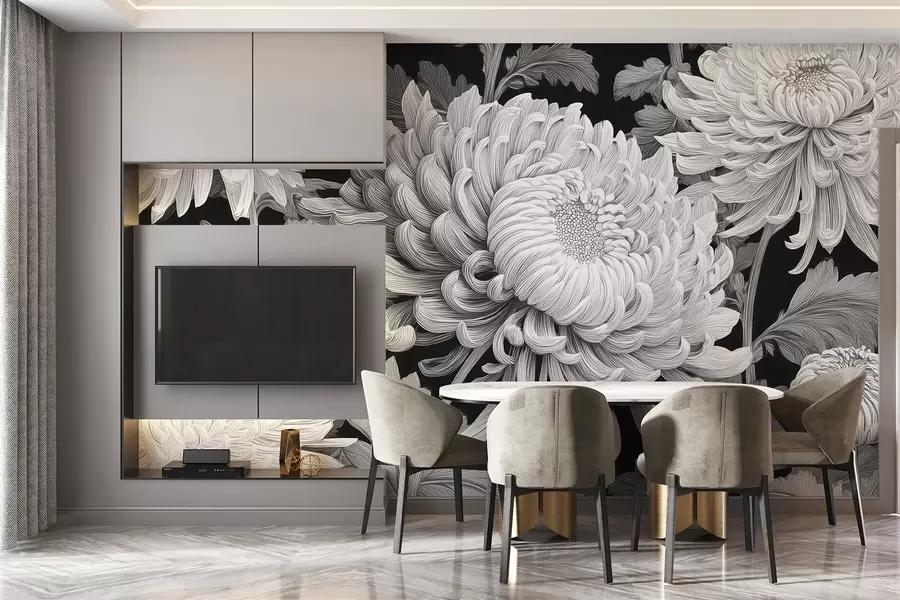 Wall Mural Photo Wallpaper Black and white large orchids with leaves w09125v1