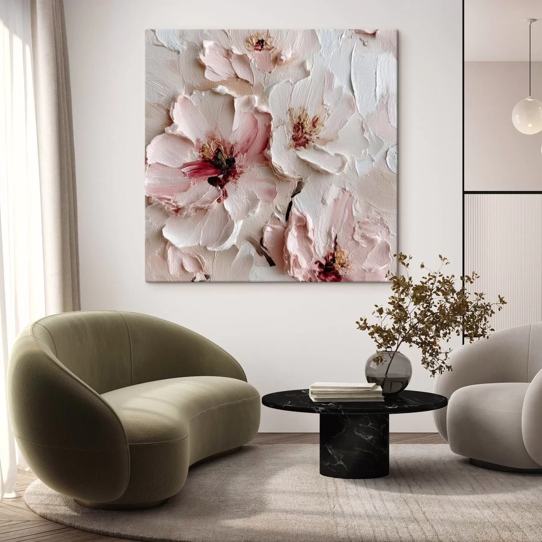 murales Flores con imitación al impasto en trazos rosas y blancos s44333