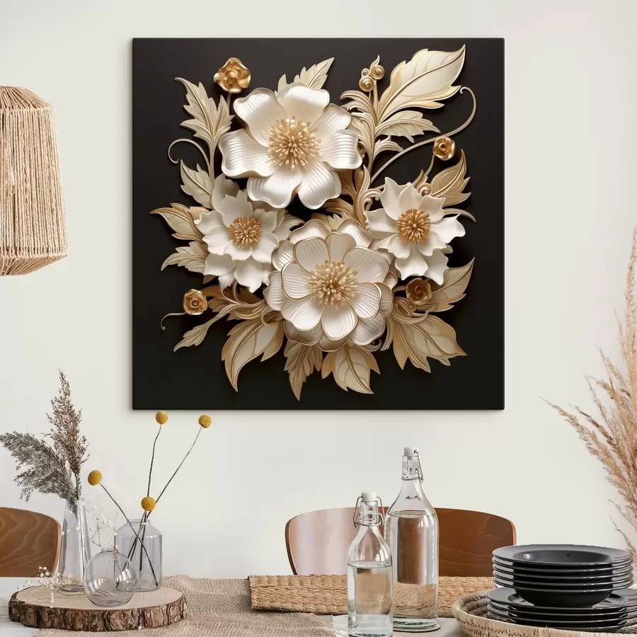 wall murals Voluminous white flowers on a black background s44340