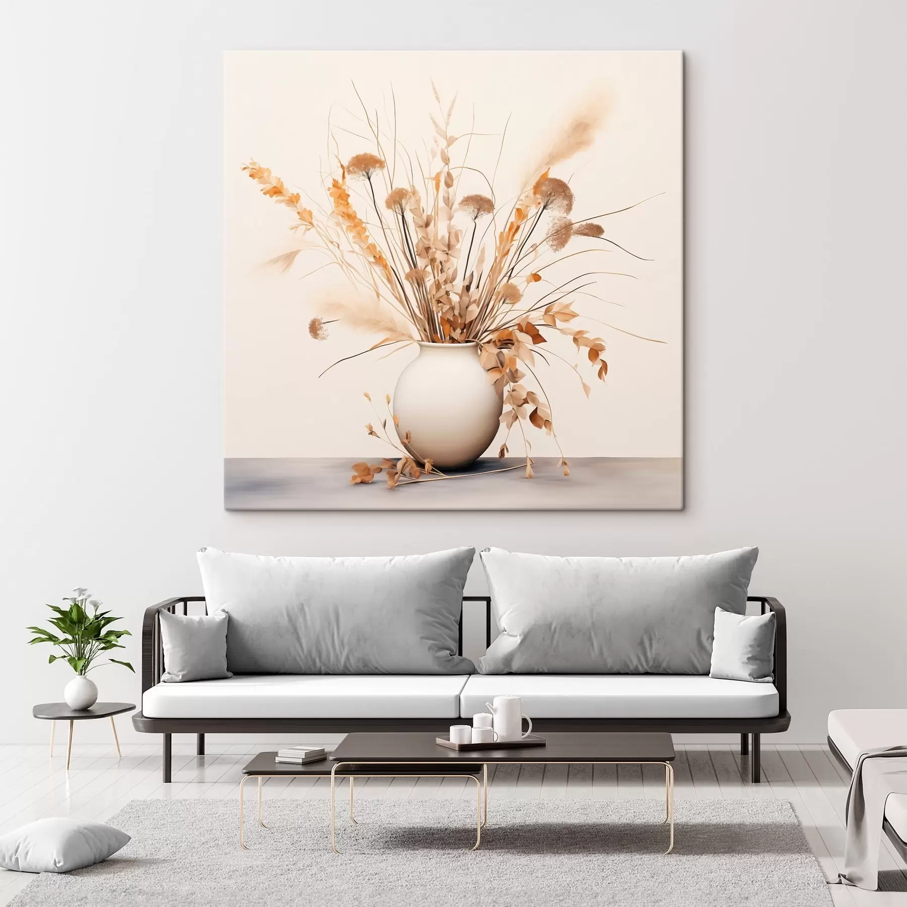 wall murals Arrangement of dried grasses and flowers in a white vase s44348