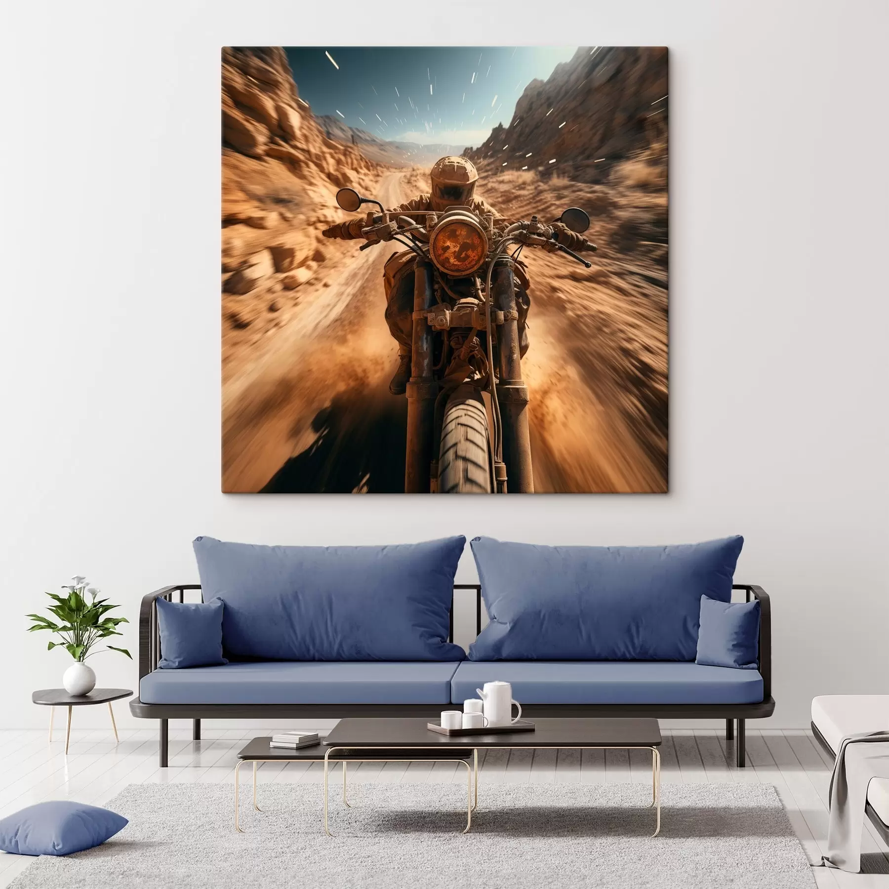 wall murals Motorcyclist speeding along a desert road s44361