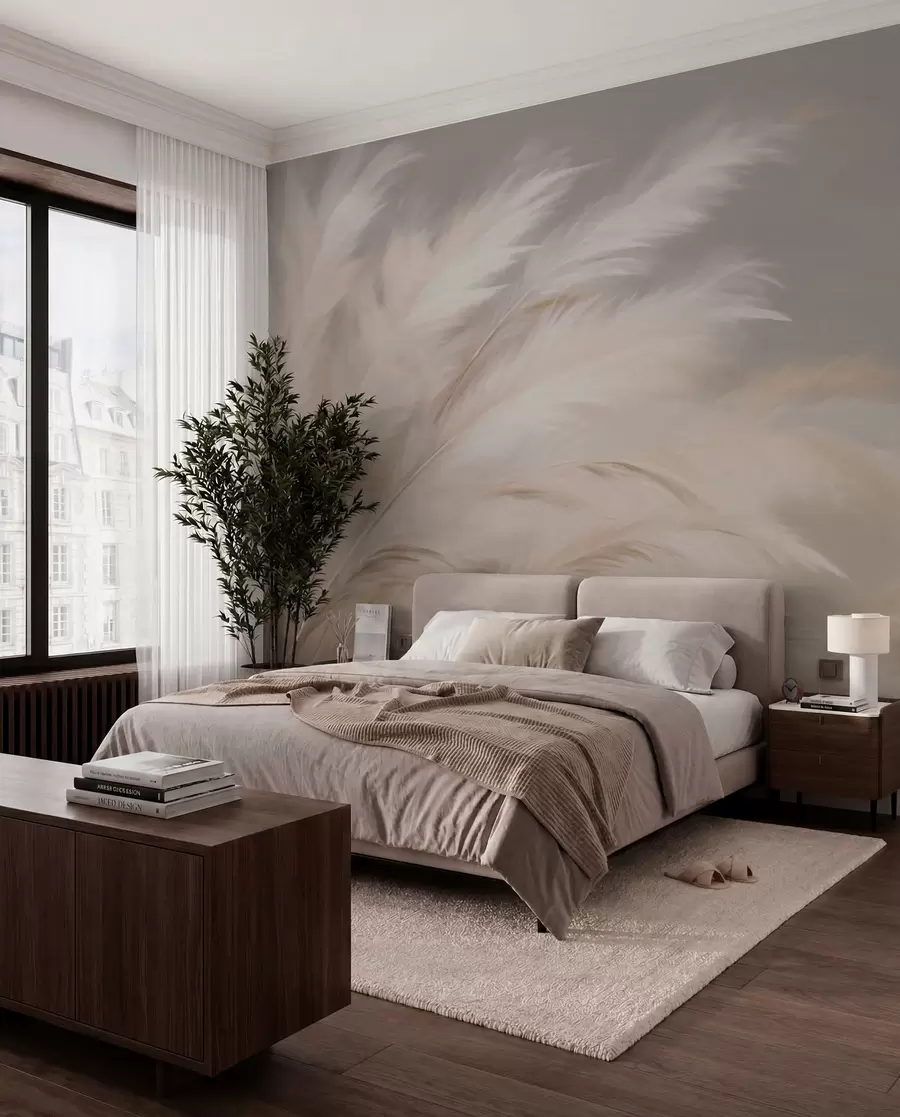 peintures murales Graminées douces et pelucheuses dans les tons beige et gris w03992