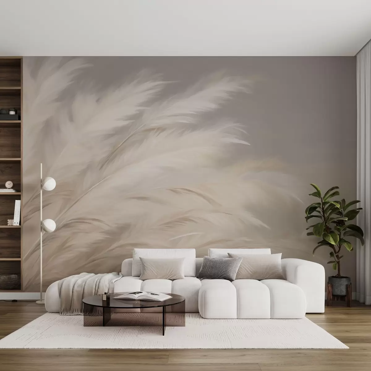 peintures murales Graminées douces et pelucheuses dans les tons beige et gris w03992
