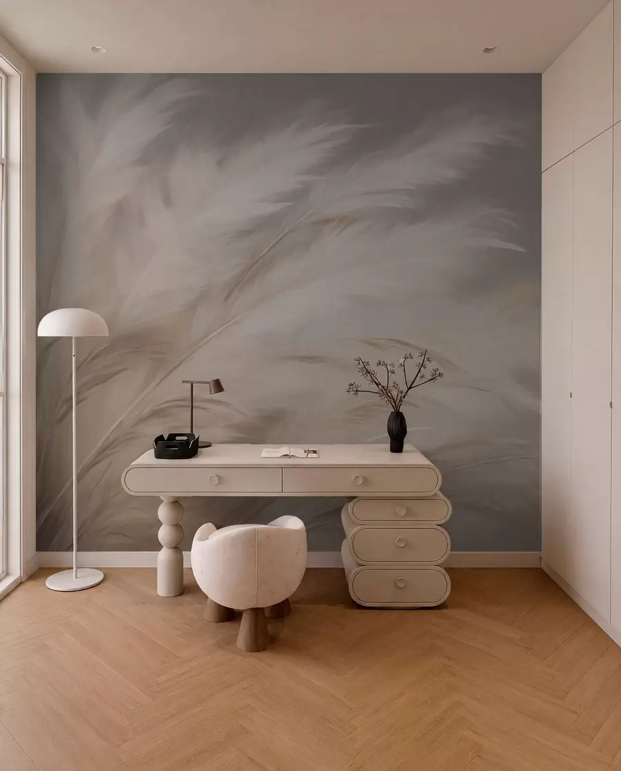 peintures murales Graminées douces et pelucheuses dans les tons beige et gris w03992