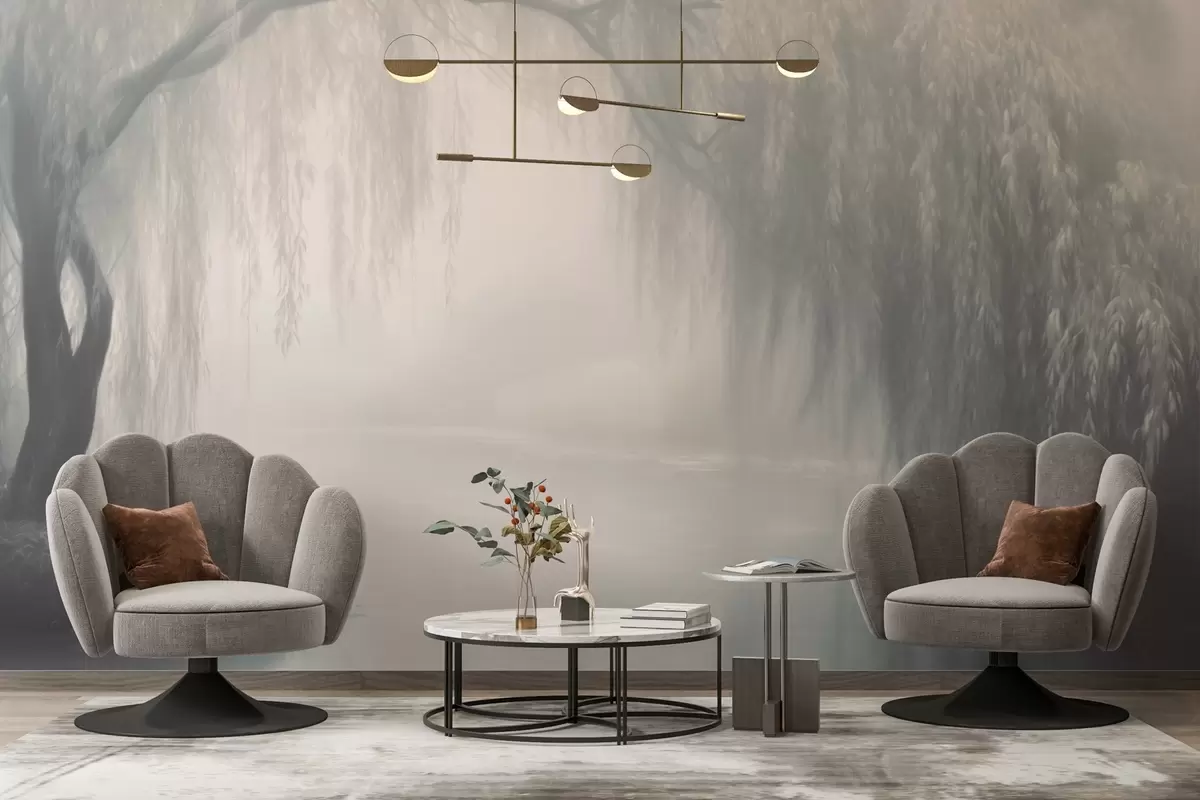 peintures murales Banc de saules mystiques dans le brouillard du matin w03995