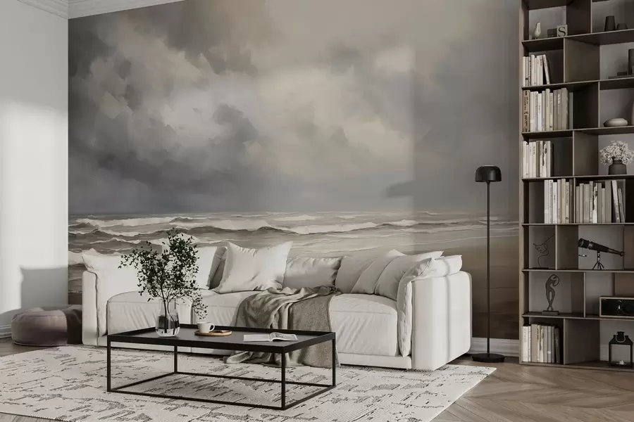 peintures murales Mer sous la pluie, tons gris et beige, composition atmosphérique w03998
