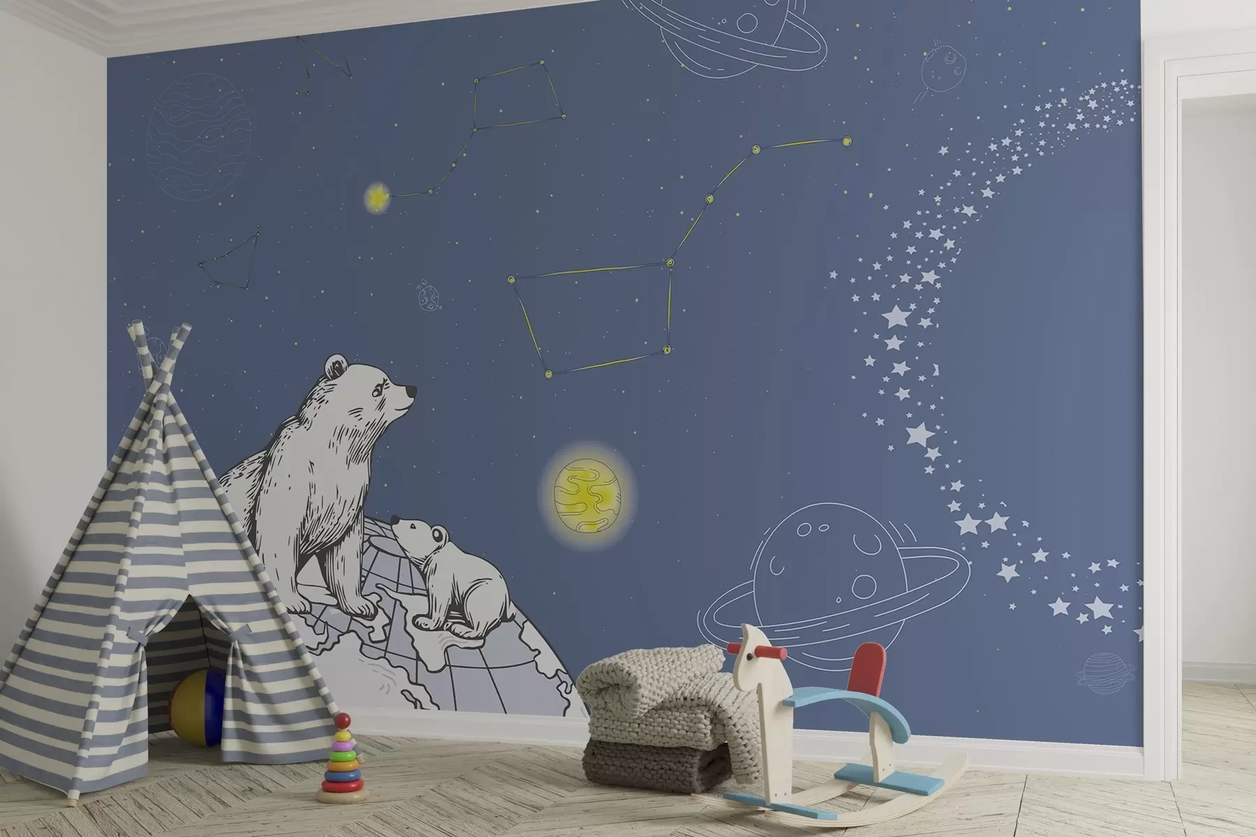 Wall Mural Photo Wallpaper Bears and stars on blue background, night astronomy w04002v1