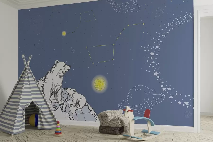 murales Osos y estrellas sobre fondo azul, astronomía nocturna w04002v1