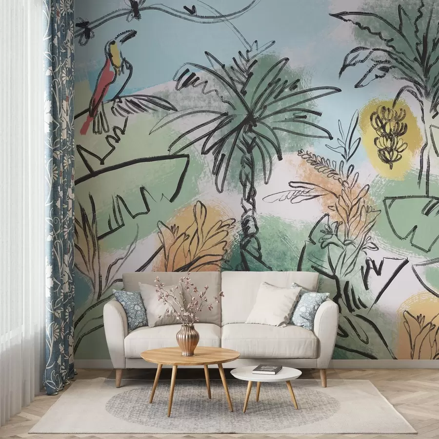 murales Estampado tropical con loros, colores vivos, trópicos w04019