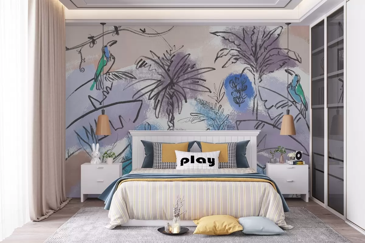 Wall Mural Photo Wallpaper Tropical print with blue flowers, picturesque parrots w04019v2
