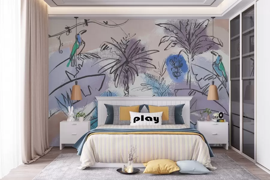 murales Estampado tropical con flores azules y pintorescos loros w04019v2