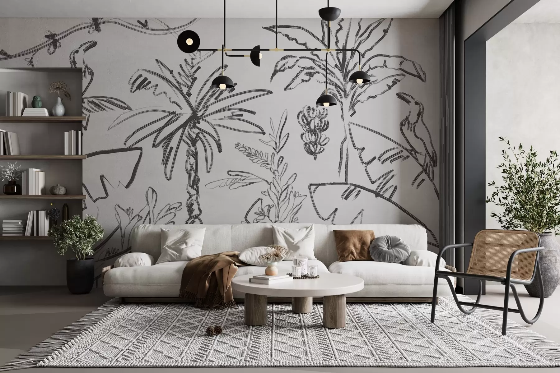 Wall Mural Photo Wallpaper Tropical line drawing, bananas, palm trees, outline graphics w04020