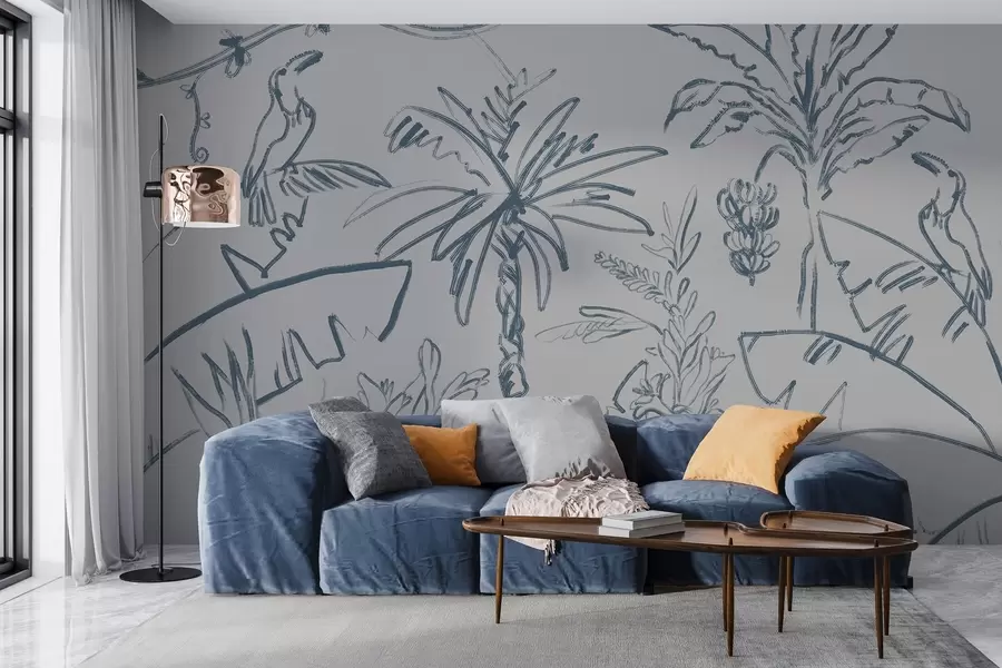 Wall Mural Photo Wallpaper Tropical pattern in blue, bananas, palm trees w04020v1