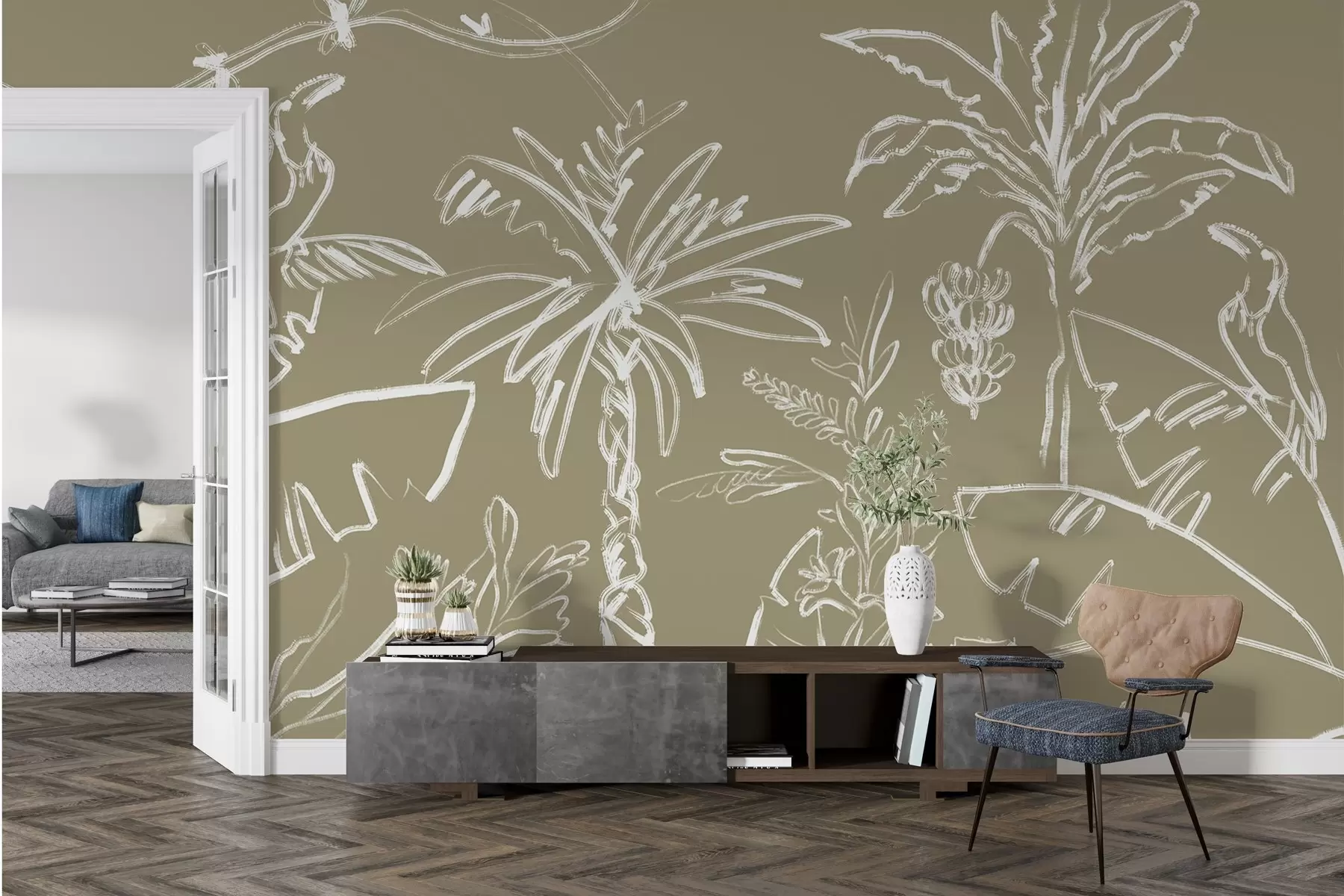 Wall Mural Photo Wallpaper Tropical pattern on olive brown background, palm trees, bananas w04020v3